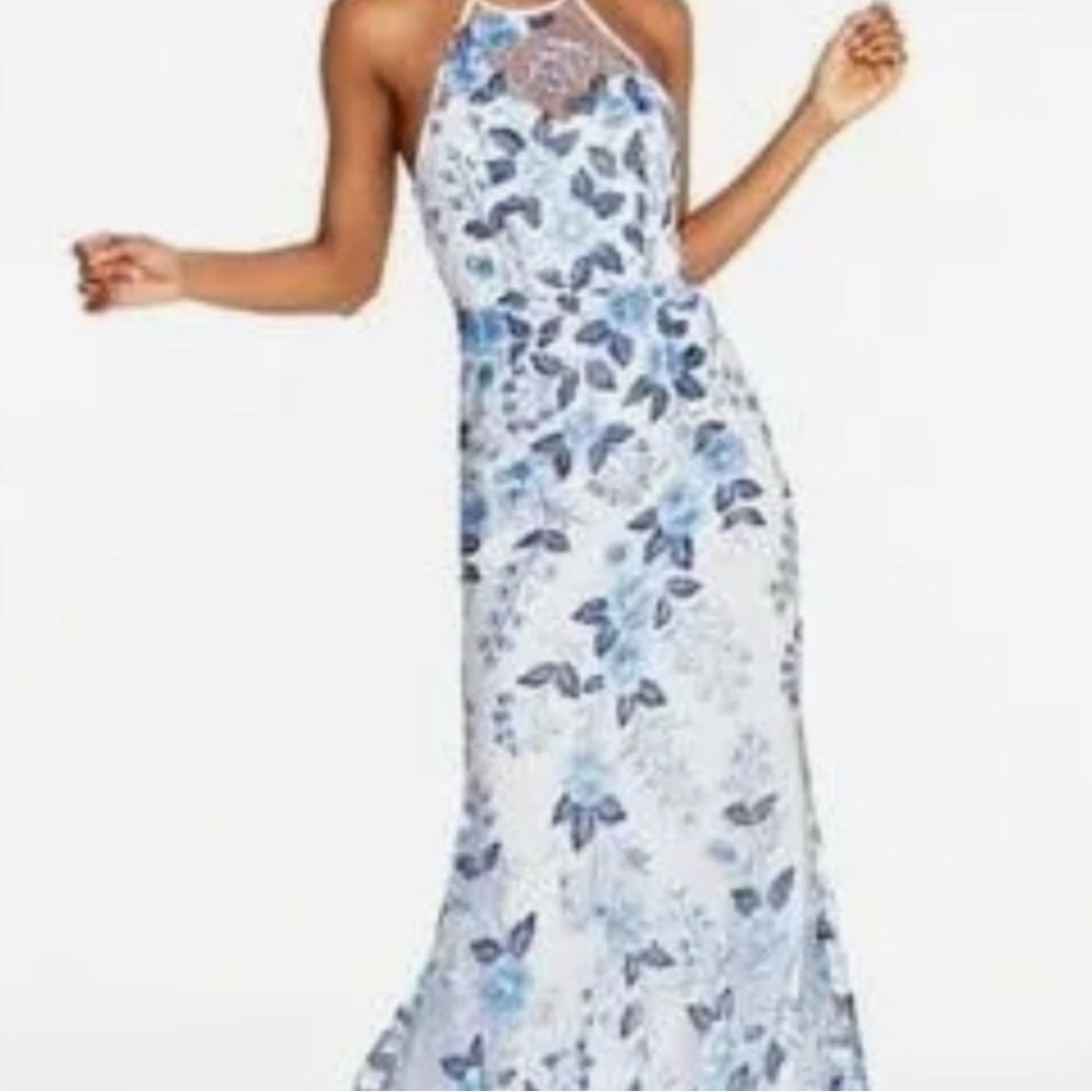 Sequin Hearts Blue Floral Embroidered Halter Neck Formal Mermaid Gown Dress Sz 9